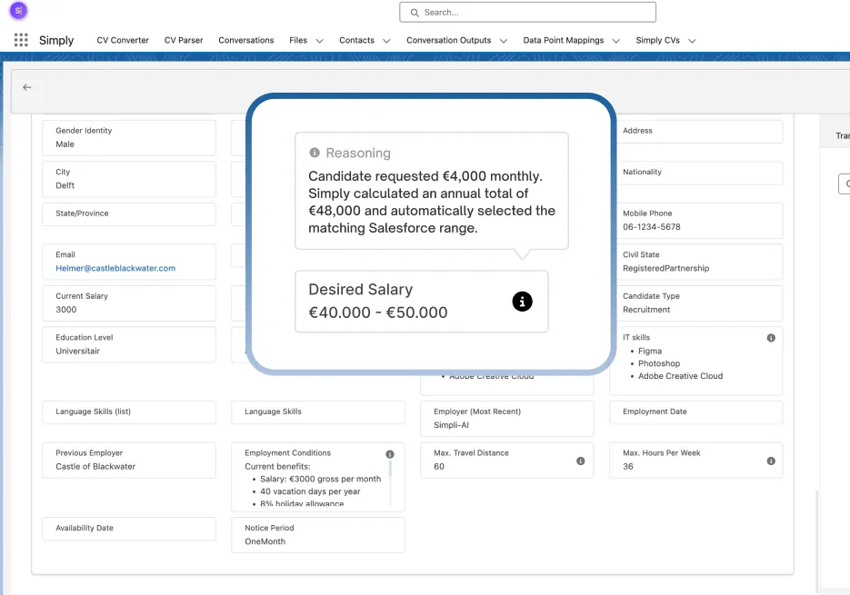 Candidate fields in Salesforce filled by Simply, with the reasoning for a converted desired salary range