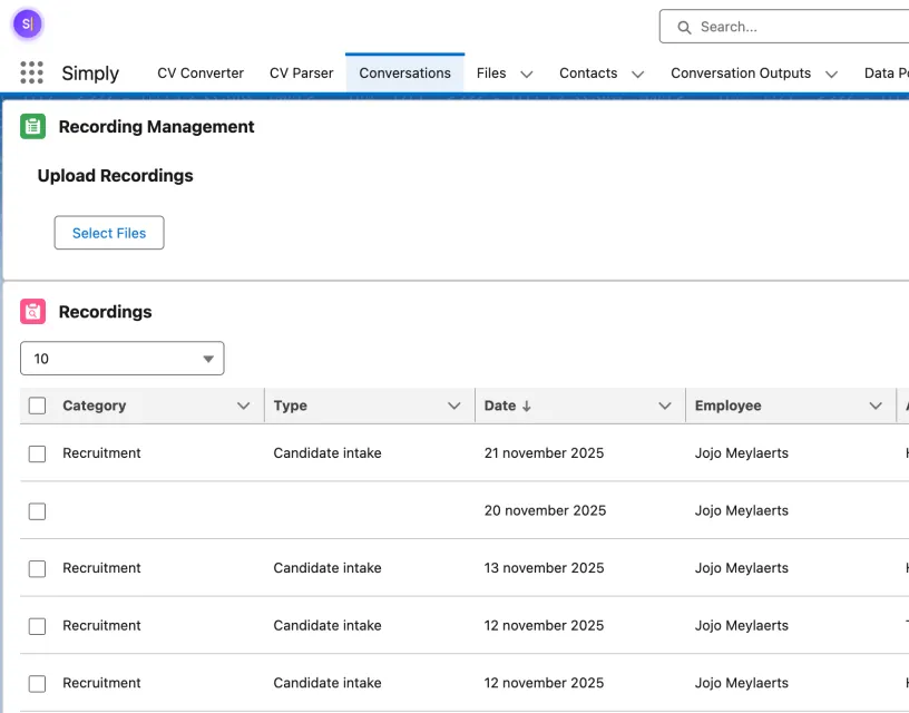 The Conversations tab of the Simply app in Salesforce, listing recordings by category, type, date and recruiter