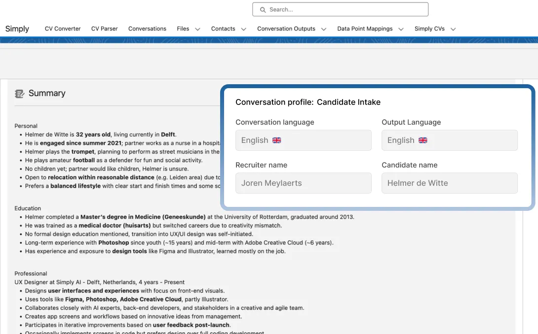 A conversation summary inside Salesforce, with the conversation profile for a candidate intake open